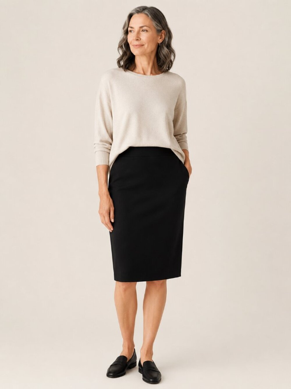 NWT Eileen Fisher System Knit Pencil Skirt Black PM Pull-On Stretch